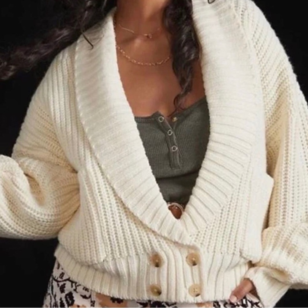 By Anthropologie Deep V Chunky Ribbed Knit Grandpa Sweater in Ivory Size XS.